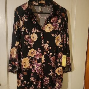 Perseption Black and Purple Floral Button Down Blouse